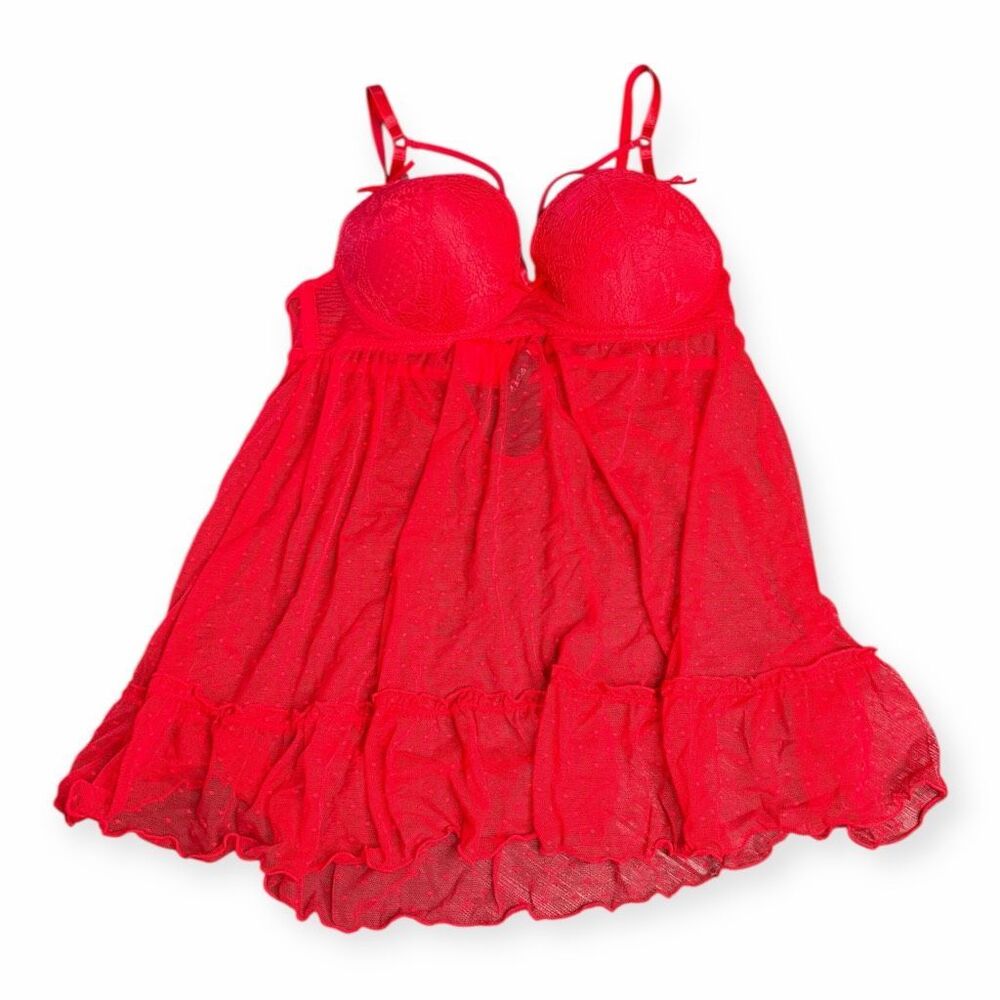 Women’s Red Lace Mesh Babydoll Lingerie Dress Size Medium